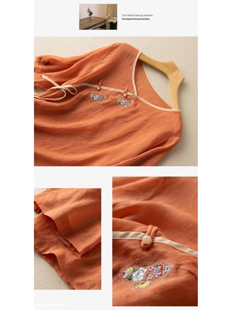 2024 Women's Cotton-Linen Embroidered Short Sleeve Shirt with Oblique Collar