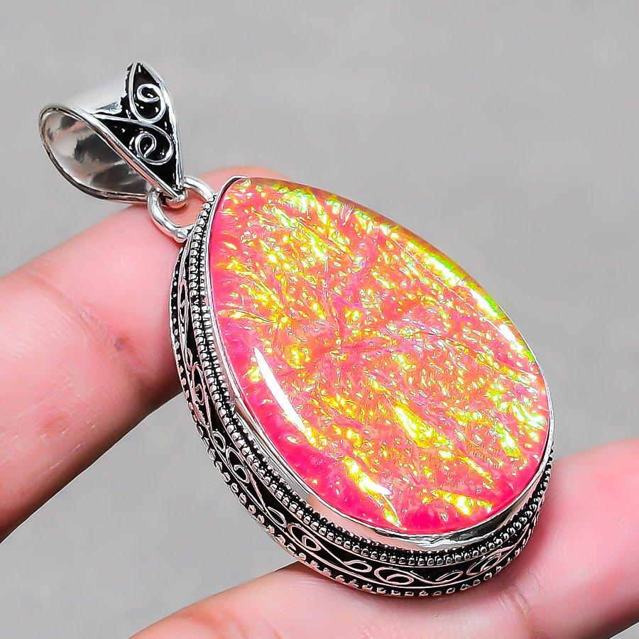 Pink Australian Triplet Opal Vintage Pendant 2.3" Silver Tone Pear Cut Gemstone
