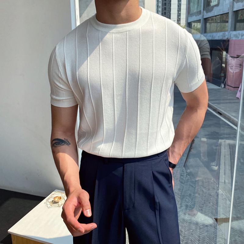 Korean Business Casual Summer New Round Neck Knit T-shirt Youth Men's Solid Jacquard Stripe Screw Thread Short Sleeve Thin Top