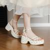 Summer sandals women's slope heel thick sole 7CM waterproof table thick heel one-word buckle cross thin strap beige floral Roman shoes