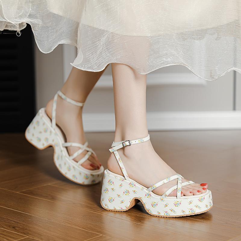 Summer sandals women's slope heel thick sole 7CM waterproof table thick heel one-word buckle cross thin strap beige floral Roman shoes