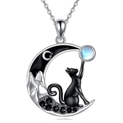 Charm Female Crystal White Moon Stone Cat Animal Pendant Necklace Vintage Silver Color Wedding  For Women