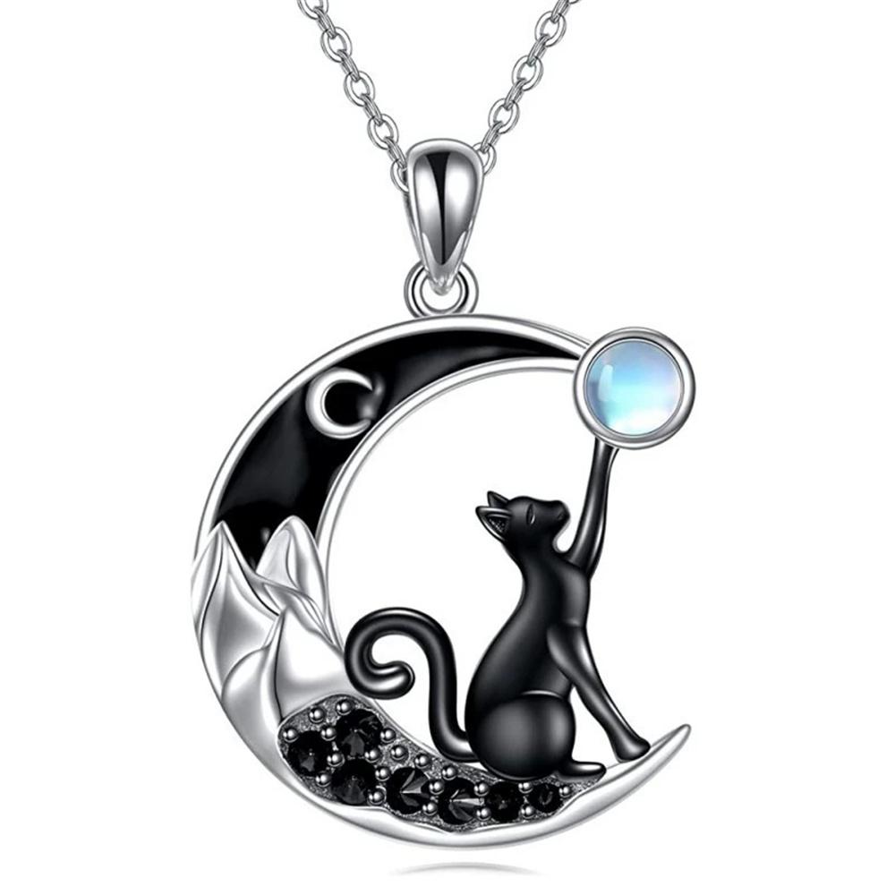 

Charm Female Crystal White Moon Stone Cat Animal Pendant Necklace Vintage Silver Color Wedding For Women