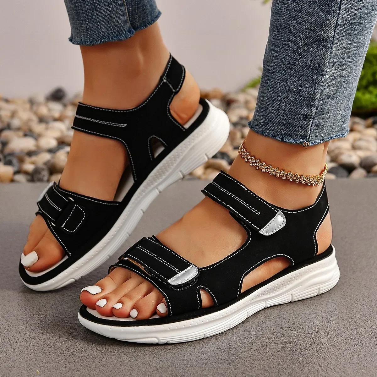 

fashion New Elegant Women Genuine Leather Sandals Women s Sport Style Lightweight Plus Size Slippers Women Sandals Plus Size 43 чорний