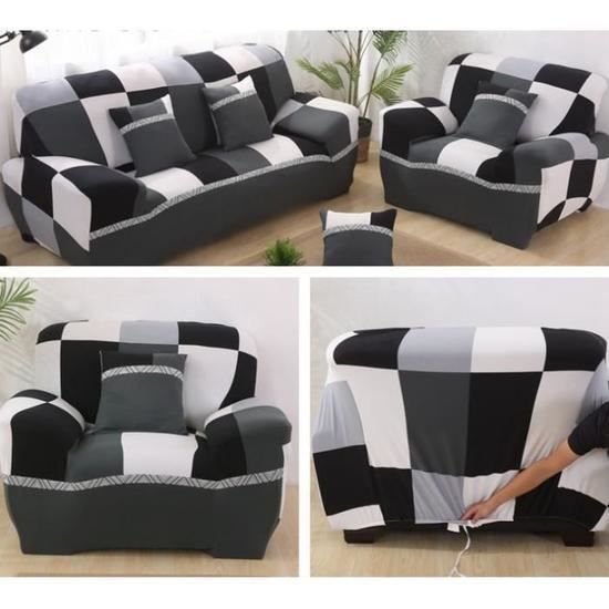 Housse de canapé - Super Stretch - 3 places 190-230cm - 1 place 90-140cm - 3 Taies 45x45cm - Gris