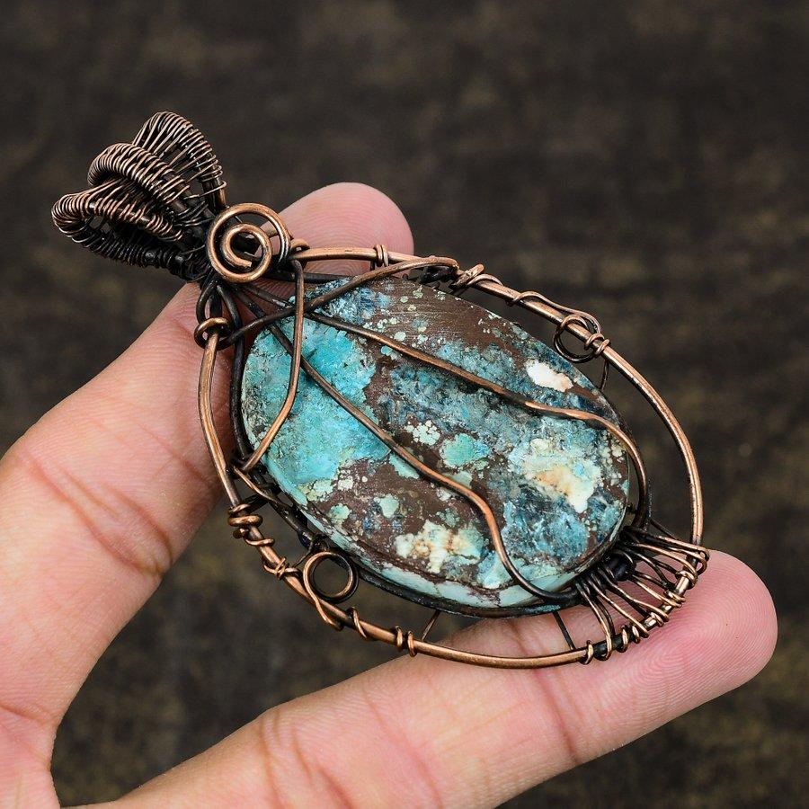 Tibetan Turquoise Handmade Copper Wire Wrap Jewelry Pendant 3.27" L6M69