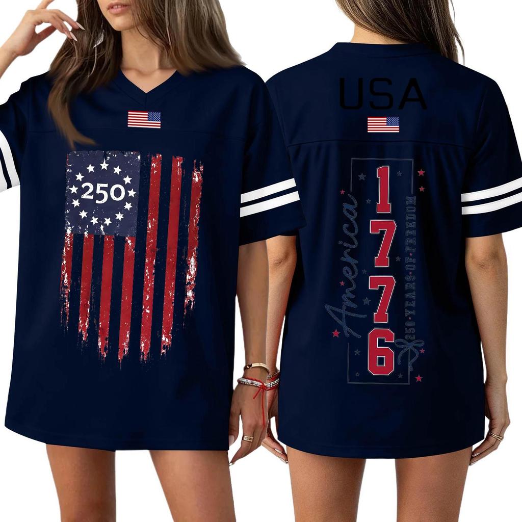 Women's Casual Fashion V-Neck Sports Independence Day Print Short Sleeve Sports T-Shirt Top