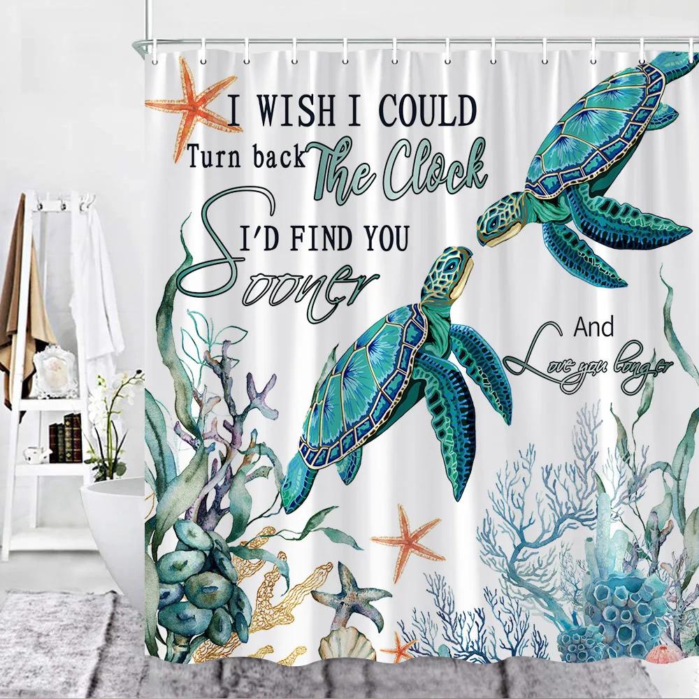 Sea Turtle Theme Shower Curtain Set Wooden Board Coral Water Plants Bubble Sea Life Bathroom Curtain Fabric Decor Washable Hooks