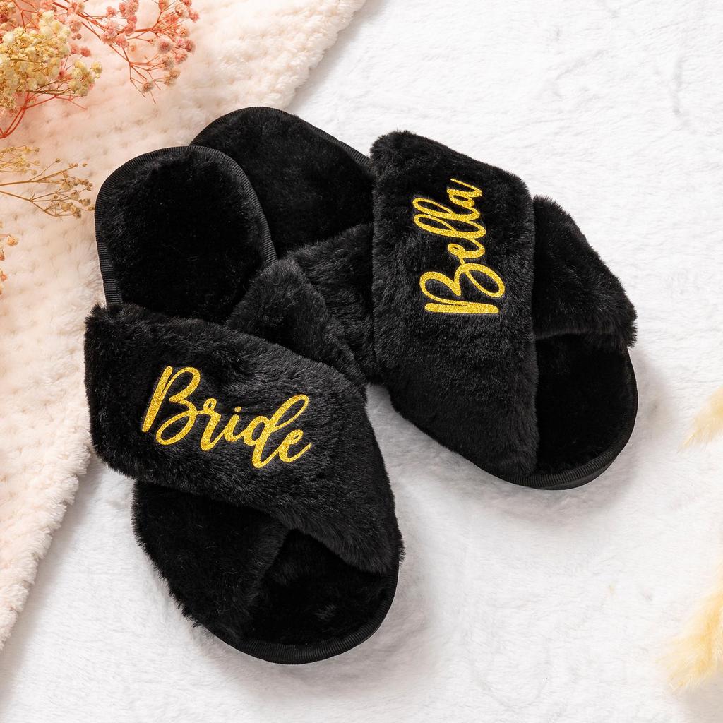 Bridesmaid Fluffy Cross Plush DIY Women's Autumn/Winter Couple Slippers