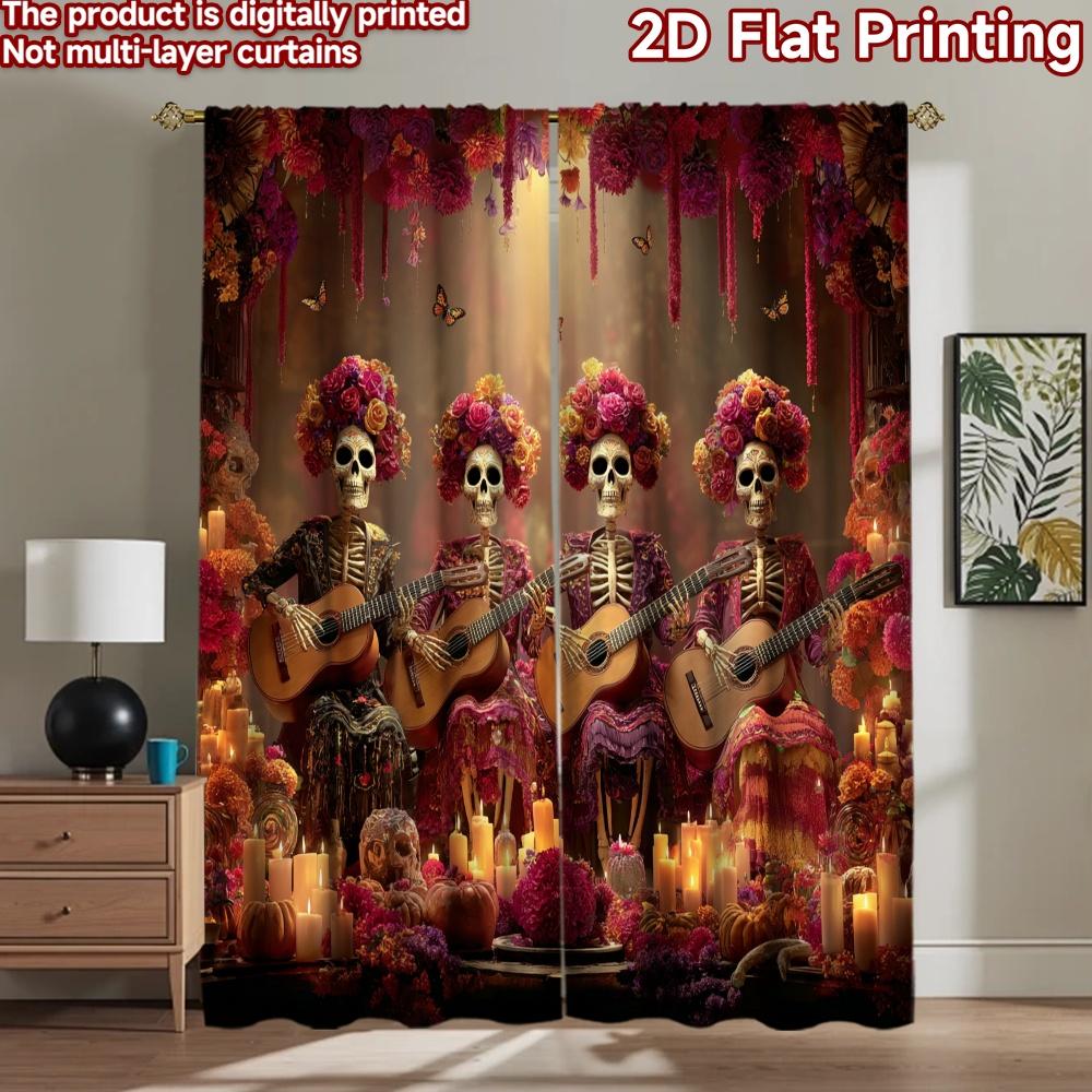 2D Flat Printing 2pcs Curtains Day of the Dead Skeletons Musicians Celebration Digital Printed Polyester Drapes Seasonal Party &