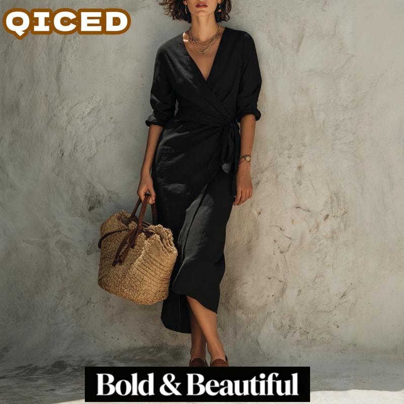 QICED Fashion Summer Spring Solid Color Print Long Sleeve V-Neck Casual Dresses