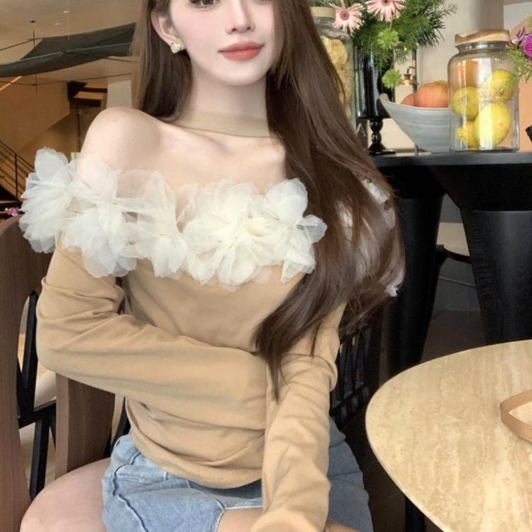 Sexy skjorter Dame Slash Neck Off Shoulder Mesh Patchwork Vintage Bluse Slank Langermet Elegant Crop Tops Chic