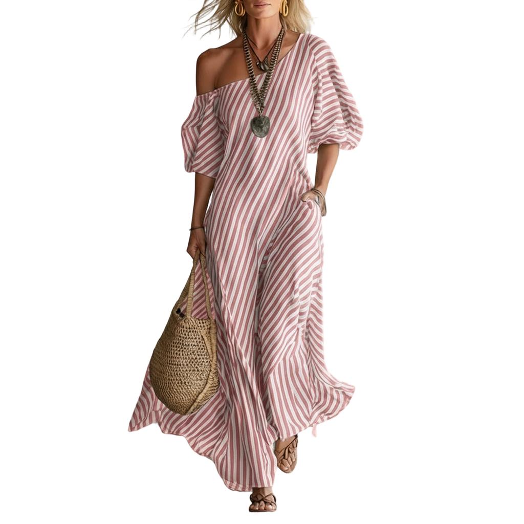 Ladies' Striped Elegant Casual Fashionable Off Shoulder Dress