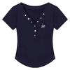 Summer New Navy Blue V-neck Front Shoulder Nail Buckle Slim and Thin Short-sleeved T-shirt Women's Design Versatile Top
