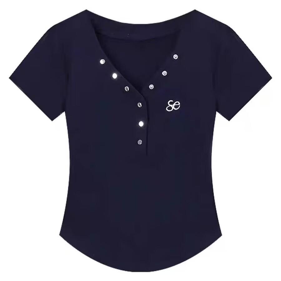 Summer New Navy Blue V-neck Front Shoulder Nail Buckle Slim and Thin Short-sleeved T-shirt Women's Design Versatile Top
