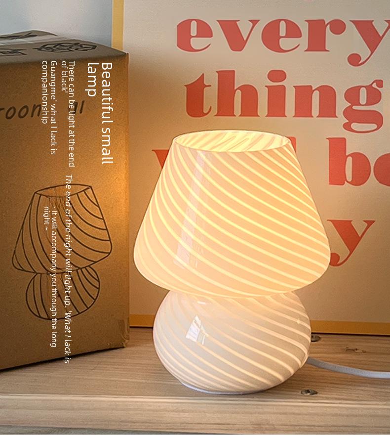 American Medieval Vintage Striped Glass Mushroom Table Lamp with USB - Retro Bedside Night Light