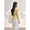 Mishow Women's Cream Yellow French Lace Tie-Waist Short Sleeve Blouse