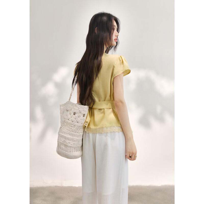 Mishow Women's Cream Yellow French Lace Tie-Waist Short Sleeve Blouse