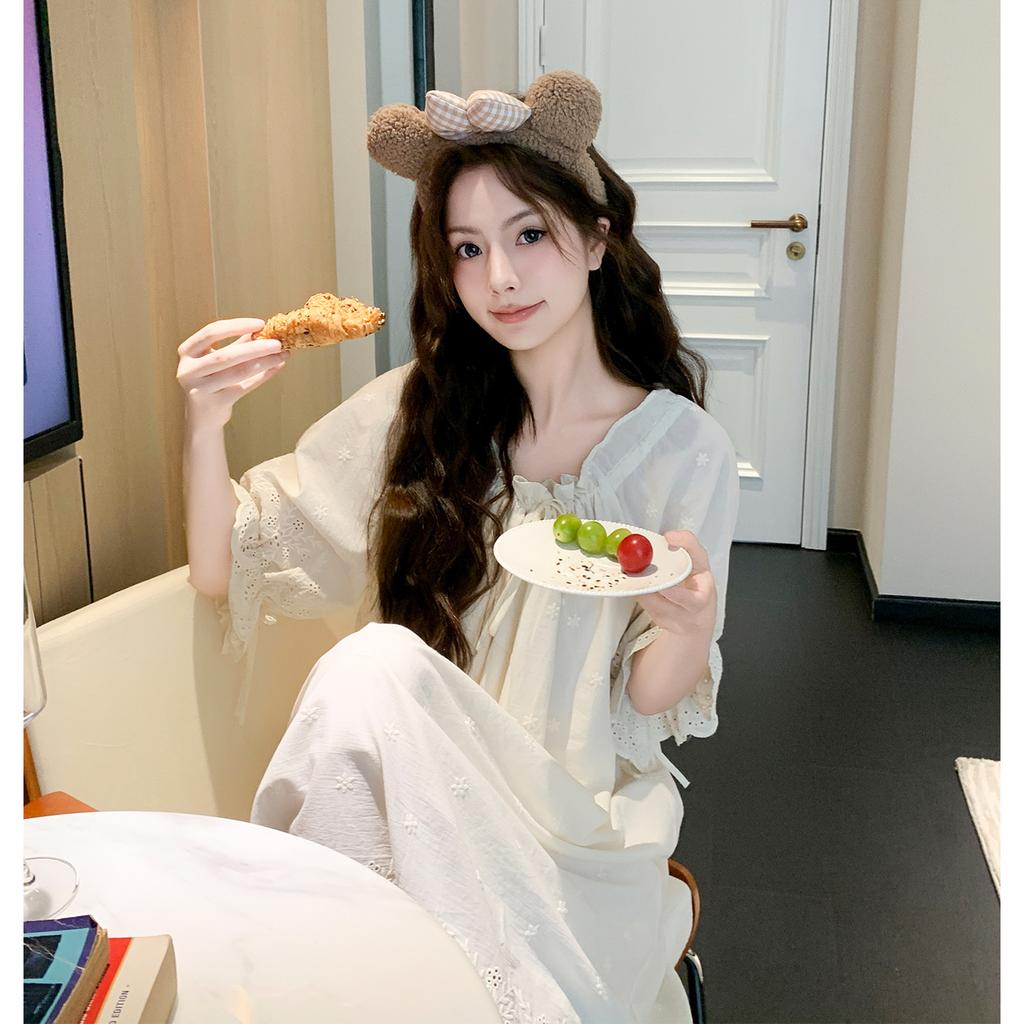 High-quality Cotton Nightgown Women's Summer Short-sleeved Thin Solid Color Lace-up Flower Embroidery Can Be Worn Outside Comfortable Loungewear
