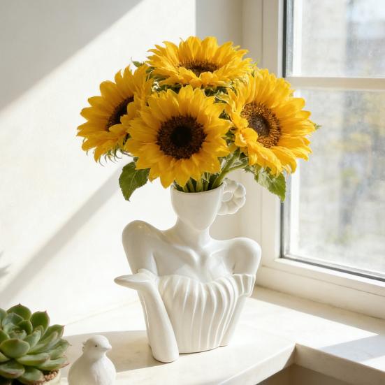 Yousheng Ceramic Female Form Body Shape Vase White Half Body Flower Vase Boho Feminist Decorative Vase for Bookshelf Office Home Table Centerpiece