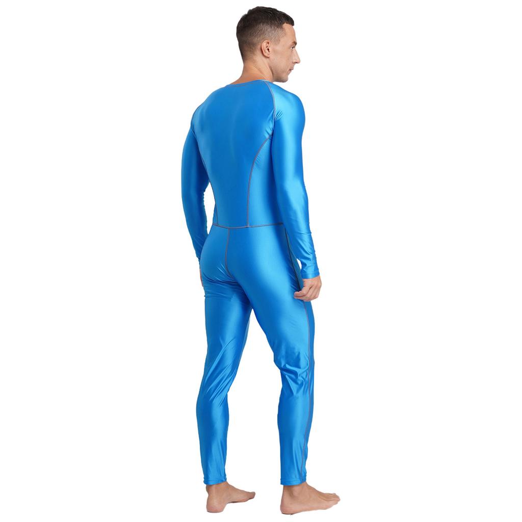Men‘s Compression Swimwear & Gym Romper S-3XL: Shiny Long Sleeve Jumpsuit with Front Zipper, Flatlock Seams for Comfort