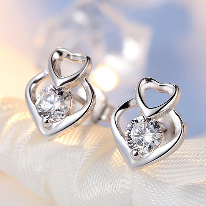 S925 Sterling Silver Korean Heart Stud Earrings with Zircon for Women