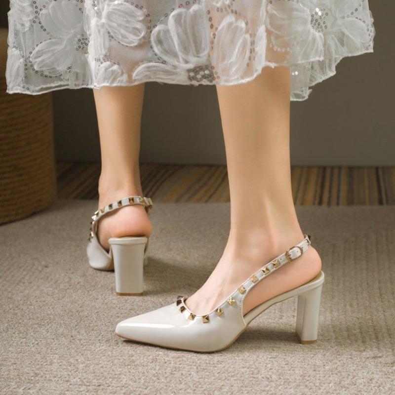 Temperament pointed high heels new buckle thick heel professional single shoes women's rivet high heel sandals