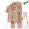 Crepe cotton yarn middle-aged and elderly mother short-sleeved trousers lapel pajamas loungewear set retro floral cardigan breathable