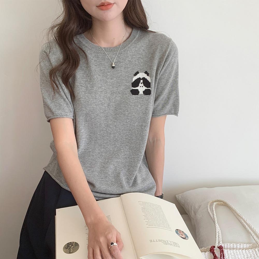 

Summer women s T-shirt casual solid color knitted pullover short sleeved loose POLO collar embroidered cartoon top M