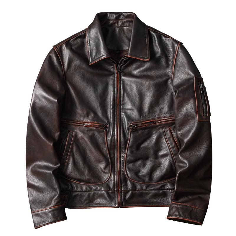 Vintage Distressed Genuine Leather Pilot Jacket for Men Large Size Brown Aviator Coat