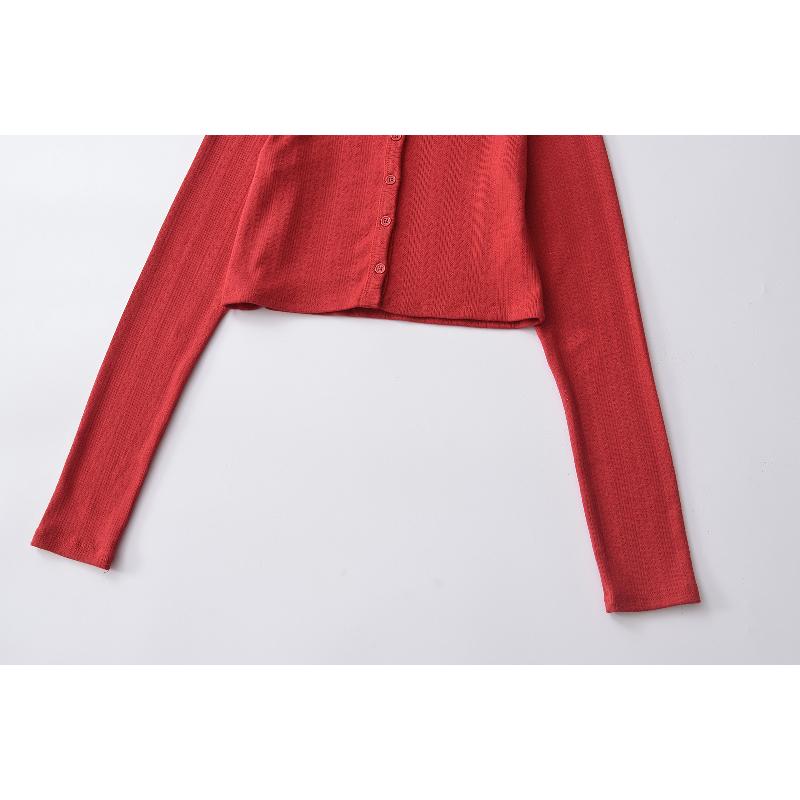 Spring new style six-button textured round-neck long-sleeve women's casual short knitted cardigan