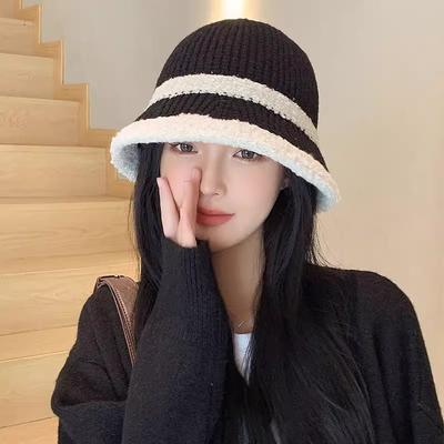 1pc Women Color Blocking Bucket Hat,Fluffy Warm Leisure Kintted Fishmen Cap for AutumnWinter,Suitable for Daily Commuting Travel