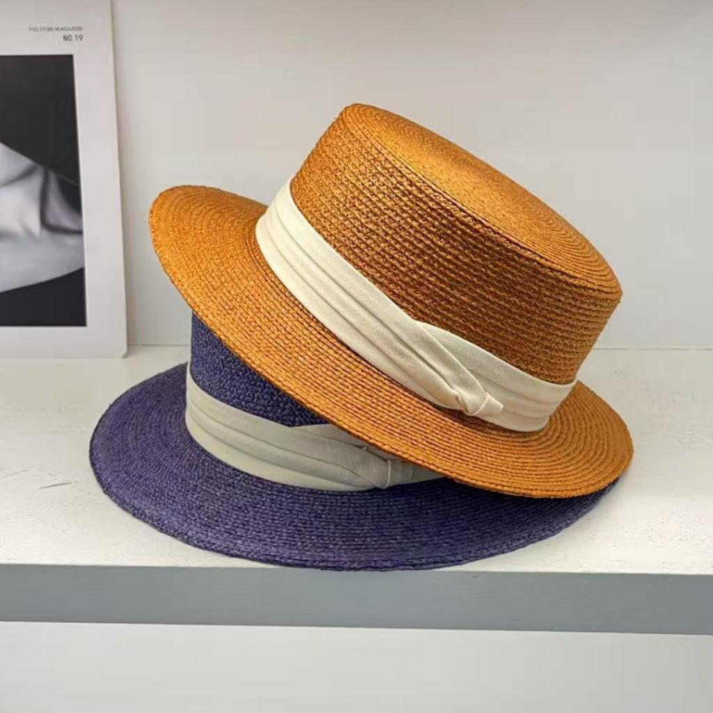 French Te Silk Lafie Grass Flat Top Straw Hat Women's Summer Hepburn Elegant Top Hat, Men's Sun Had Seaside Beach Hat