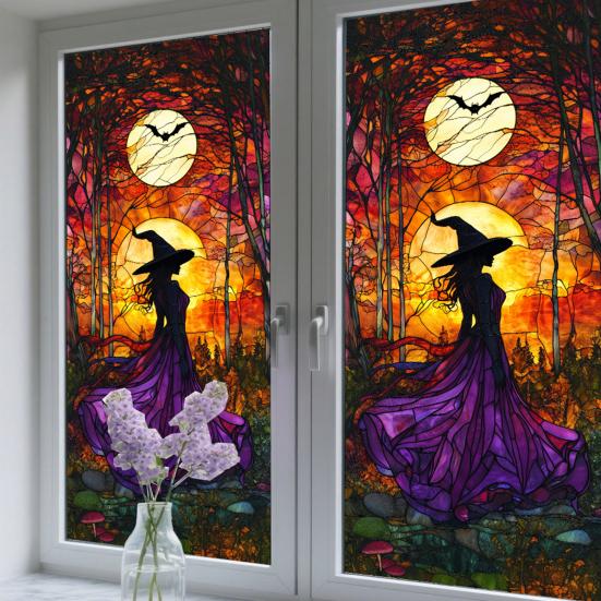Halloween Window Sticker Stained Glass Style Witch Bats Decal Removable Pumpkins Ghosts Static Window Cling for Party Decoration