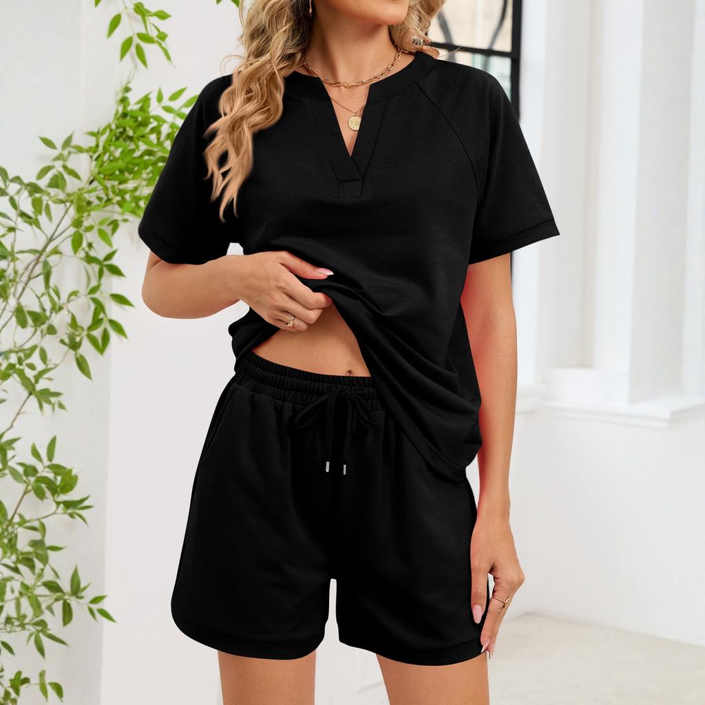Zomer Tweedeelss Set voor Dames V-hals Top met Korte Mouwen en Taille met Trekkoord Shorts Casual Loungewear Outfit voor Dagelijks Gebruik
