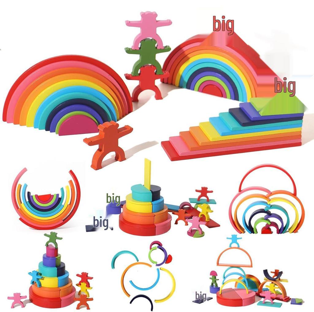Children's Wooden 4-in-1 Rainbow Arch Bridge Stacking Blocks Early Education Toy