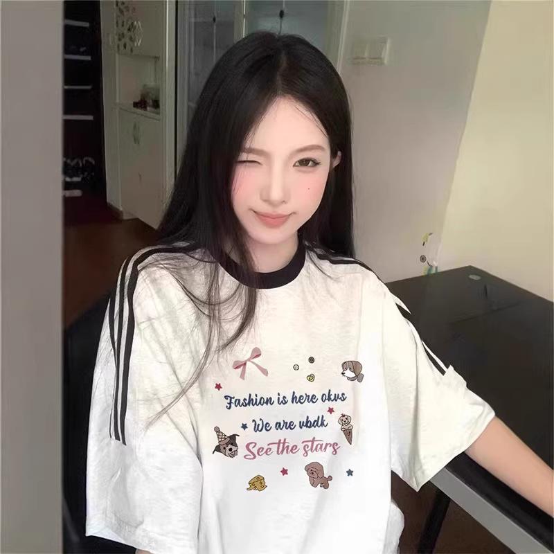 American retro three-bar gray short-sleeved t-shirt women's summer loose and lazy Guochao high street pure cotton half-sleeved top