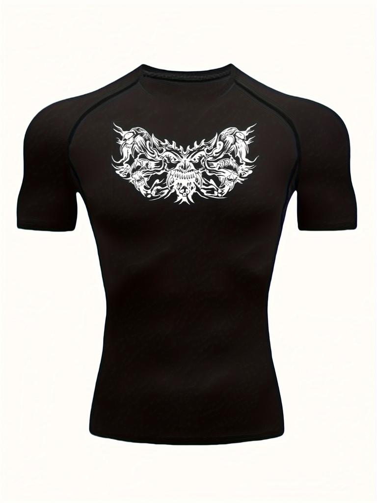 Men's Chest Tattoo-Inspired Skull Compression Shirt High Elasticity Moisture Wicking Bodybuilding Sportswear