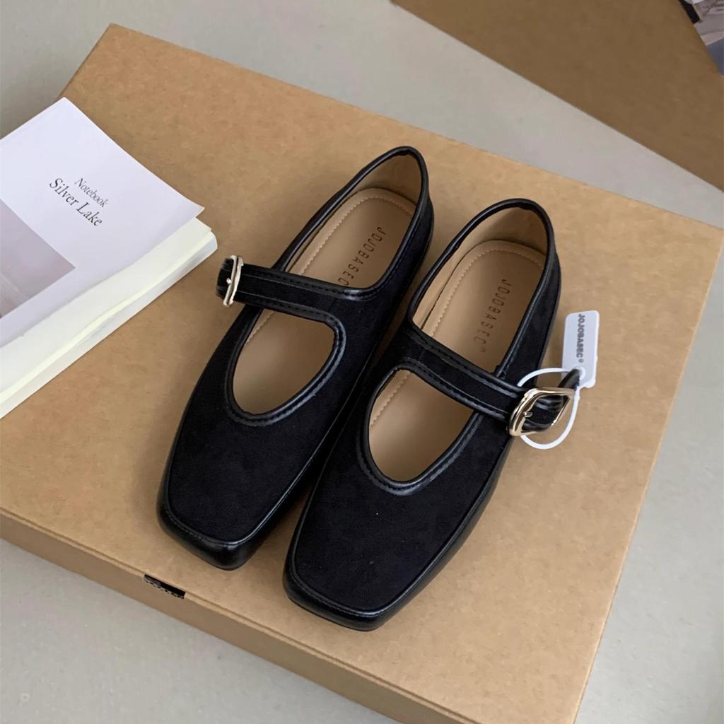 French retro suede ballet single shoes women's 2025 autumn new Korean version one-word strap flat Mary Jane women's shoes