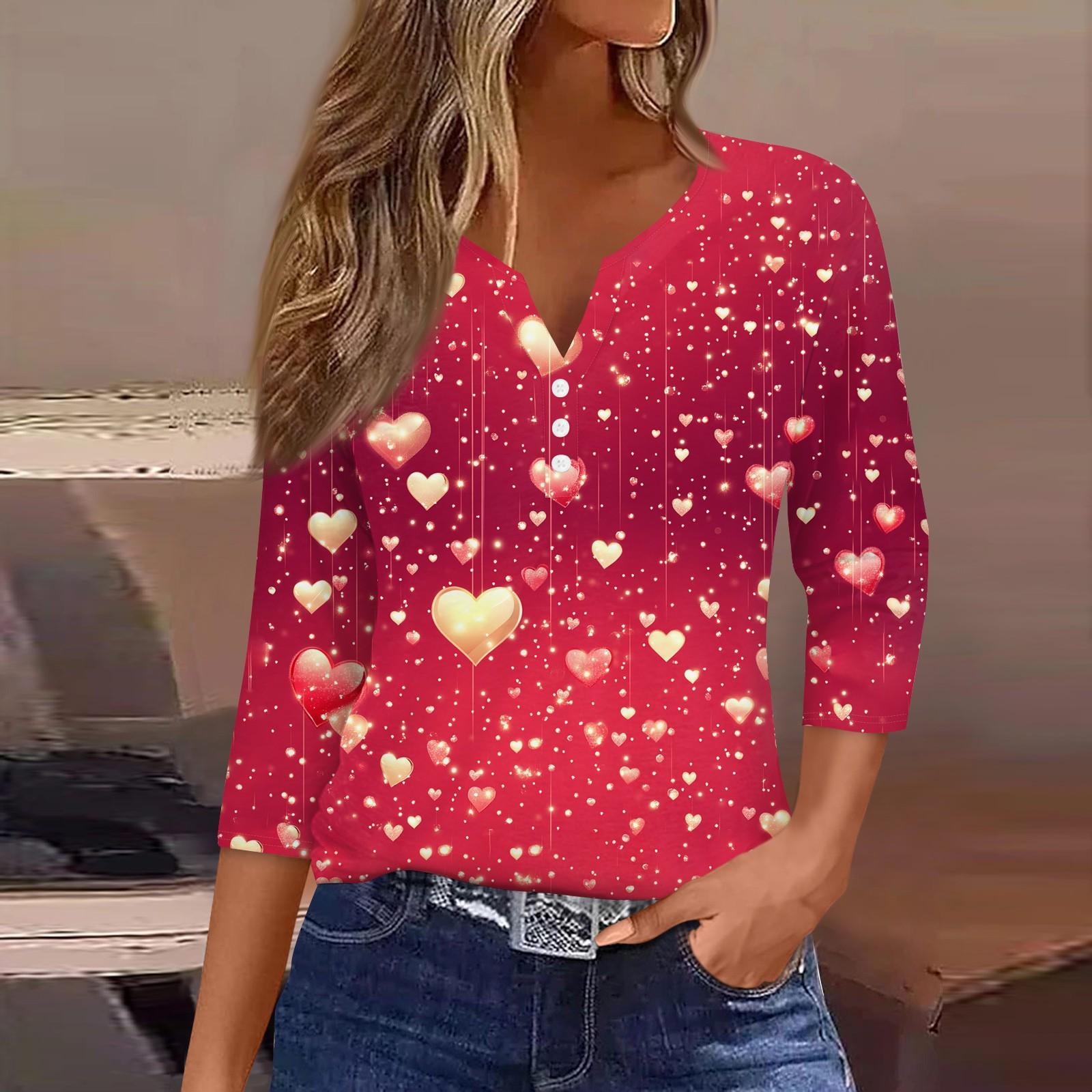 

Женский повседневный универсальный топ с V-образным вырезом и рукавом три четверти на пуговицах с принтом ко Дню святого Валентина XXL