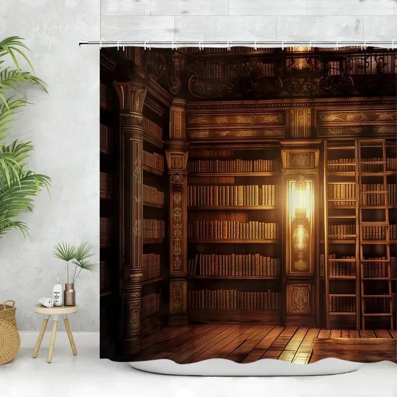 Vintage Library Shower Curtain Old Book Bookshelf Candle Magic Wooden Antique Polyester Fabric Bathroom Decora Curtain Washable