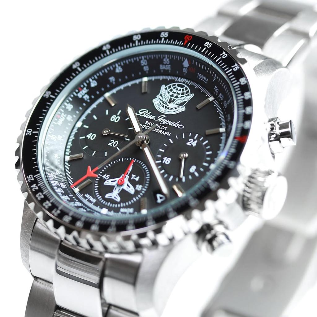 Blue Impulse Sky Pilot Chronograph Made in Official Emblem Black Men's Watch, Japan, Product,