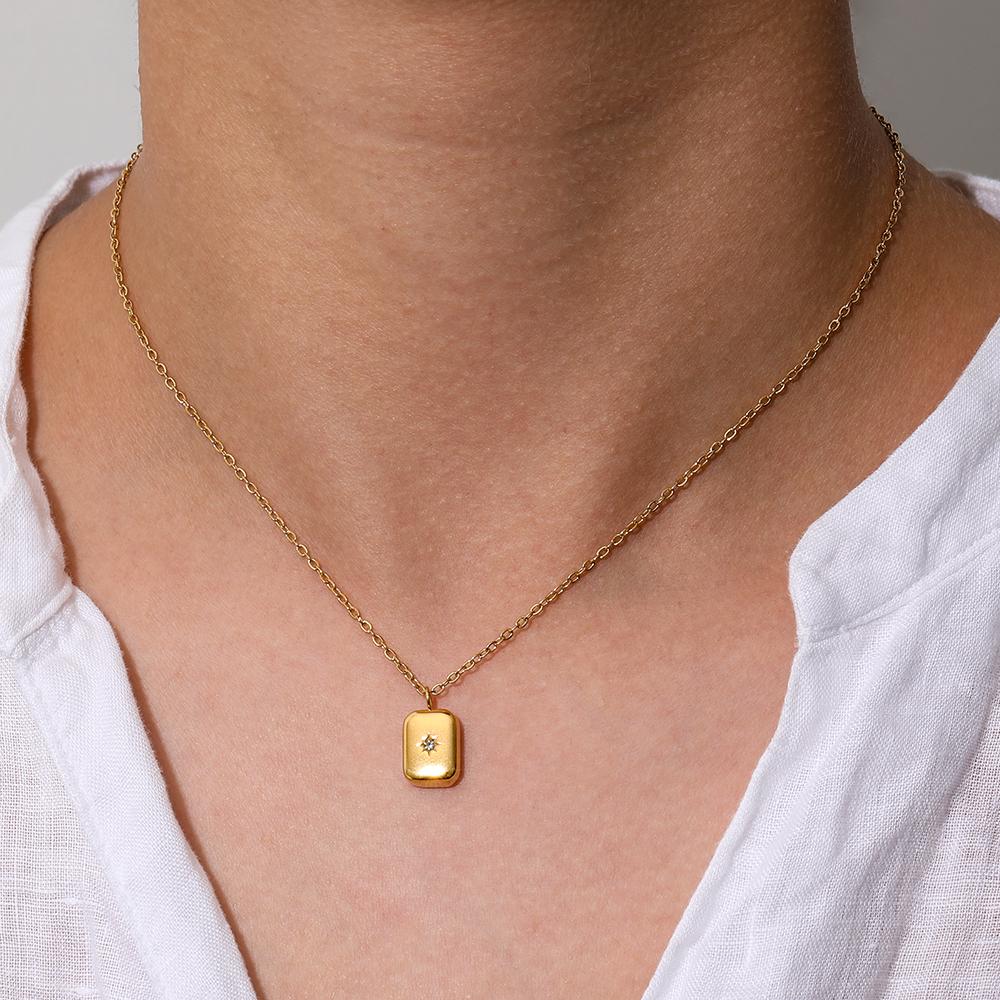 Fenny Fashion Geometric Water Drop Square Zirconia Pendant Pendant Trendy Necklace Stainless Steel Jewelry