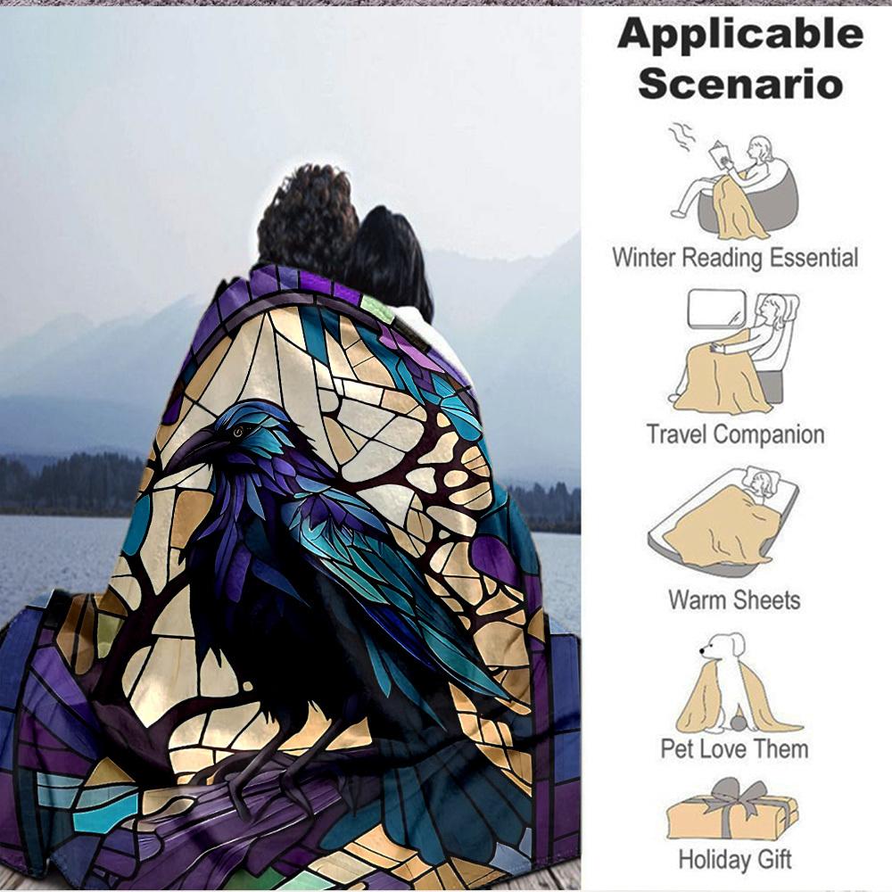 1pc Stained Glass Raven Print Blanket Lightweight Flannel Throw Blanket For Sofa, Bed, Living Room, Office, Outdoor Travel, Camping