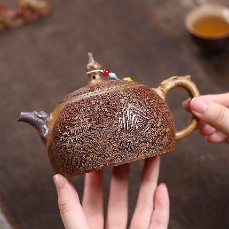 

330ml Yixing Purple Clay Teapots Handmade View Mountain Half-moon Pot Raw Ore Wood-fired Porcelain Mud Kettle Zisha Tea Set Gift