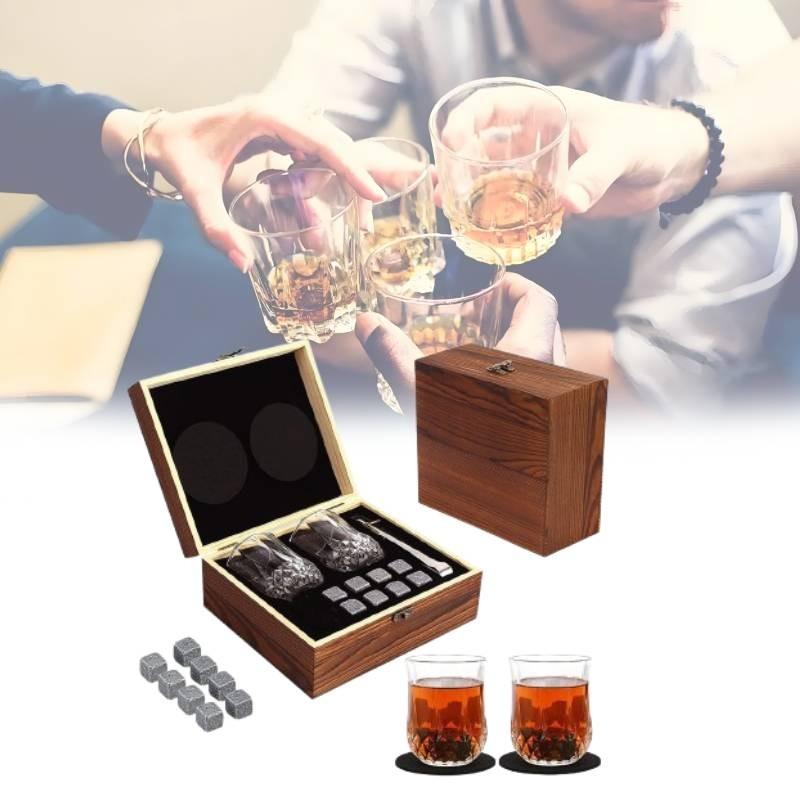 Luxurious Brown Granite Whisky Glasses Set With Whiskey Stones And Wooden Box