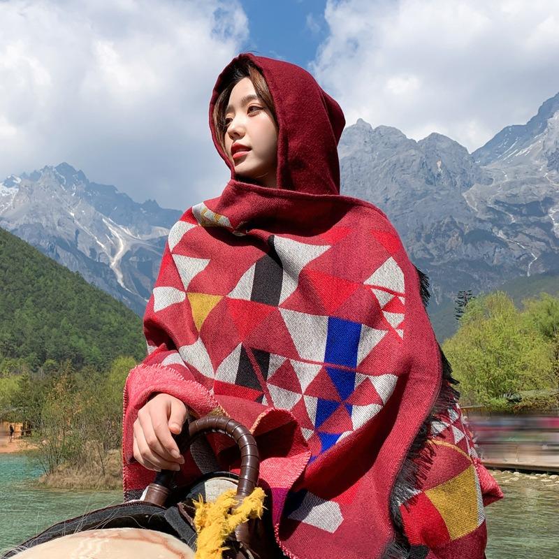 Travel Scarf Dual-purpose Fringed Edge Summer Air-conditioned Room with Hat Cloak Triangular Combination Imitation Cashmere Shawl