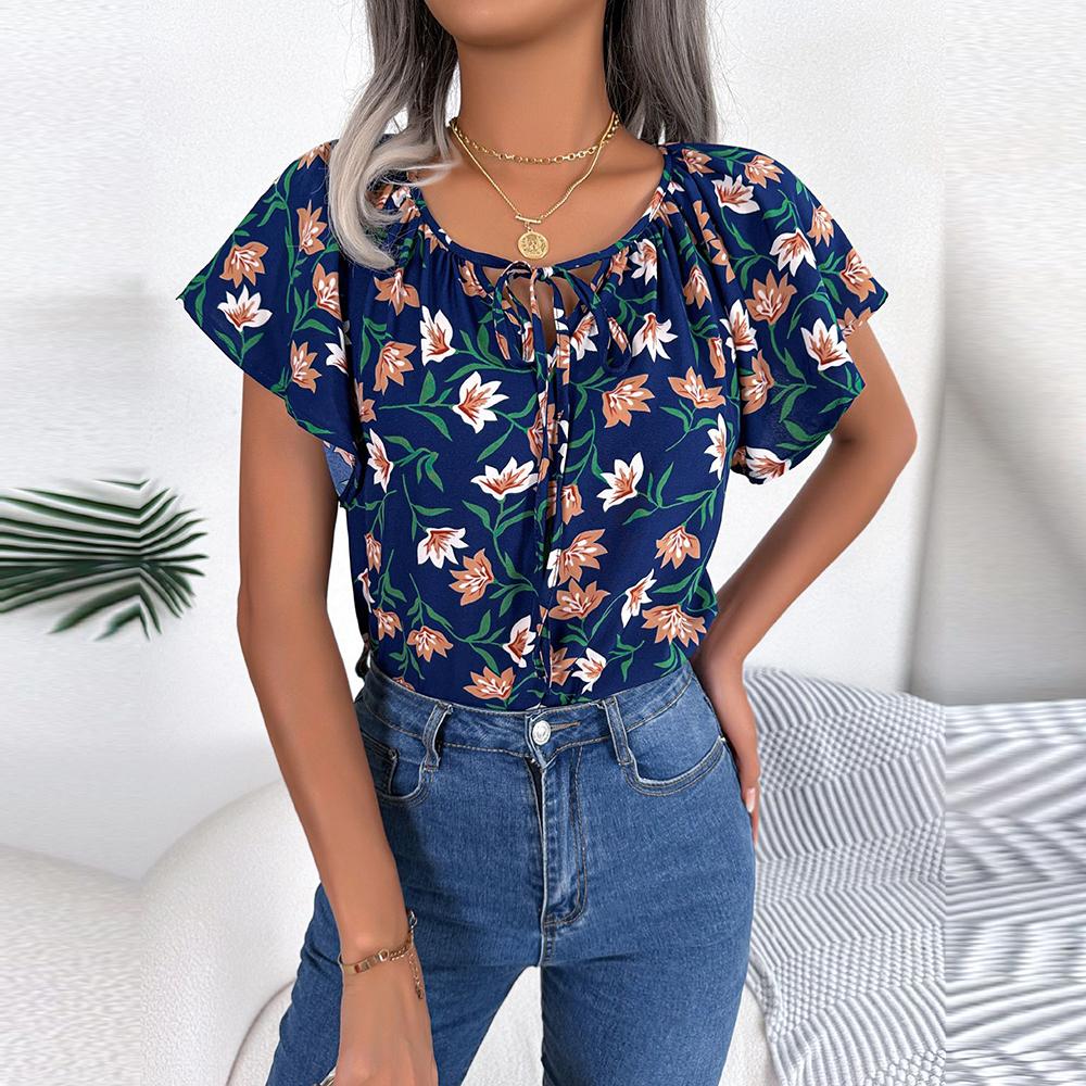 Frauen Frühling Sommer Lose Rüschen Spitze Up Chiffon Top Für Damen O Neck Fliegende Ärmel Floral Blusen