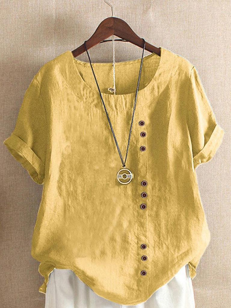 2024 Women's European & American Fashion Short Sleeve Casual Cotton Linen Top with Button Detail