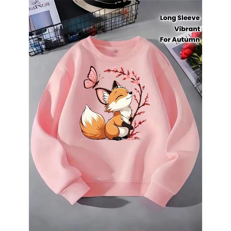 Adorable Fox Floral Pattern Girls' Trendy Crewneck Sweatshirt, Suitable for Autumn And Winter, Western-Style Top, Long-Sleeved T-Shirt for Kids